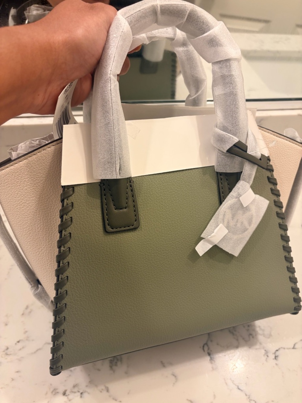 Michael Kors Olive Green and Cream Leather Tote with Whipstitch Detail - Picture 3 of 5